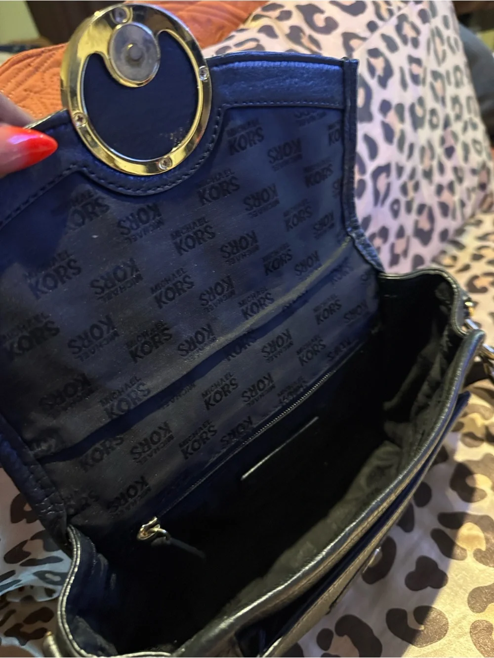 Michael Kors Navy Pebbled Leather Crossbody with Gold MK Logo